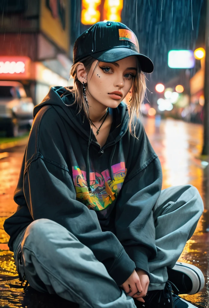 create a blank faded black washed hoodie, retro baggy, 90s, with a trucker hat on, beautiful female thin face, piercings on face, loose fit, baggy, pretty eyes, hoodie, skater night life in background, rain, sitting on ground legs crossed, hoodie jaw string tied in a knot, cargo pants