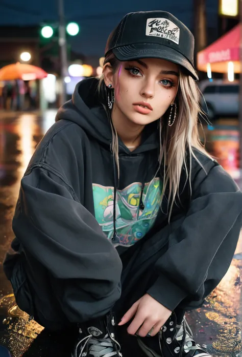 create a blank faded black washed hoodie, retro baggy, 90s, with a trucker hat on, beautiful female thin face, piercings on face...