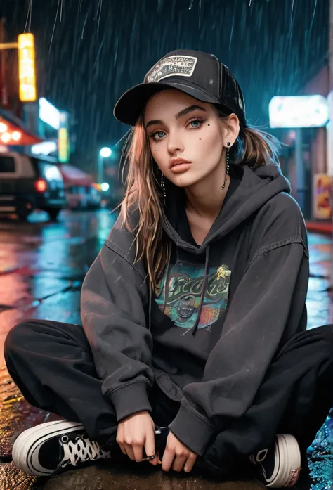 create a blank faded black washed hoodie, retro baggy, 90s, with a trucker hat on, beautiful female thin face, piercings on face...