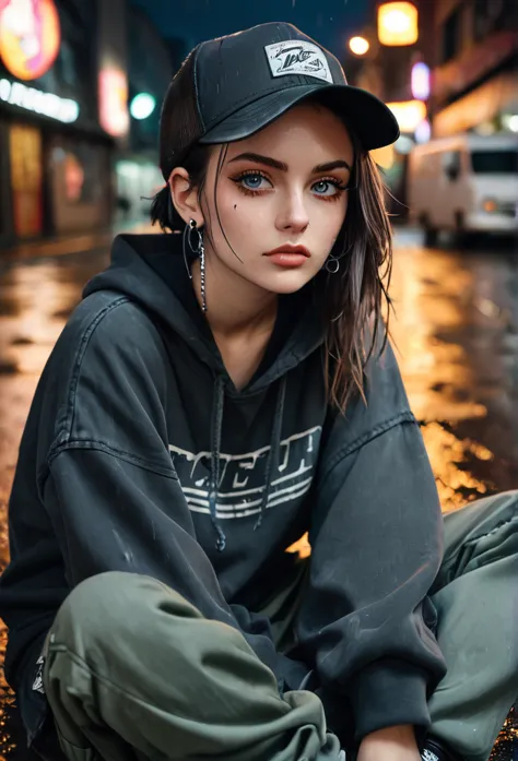 create a blank faded black washed hoodie, retro baggy, 90s, with a trucker hat on, beautiful female thin face, piercings on face...