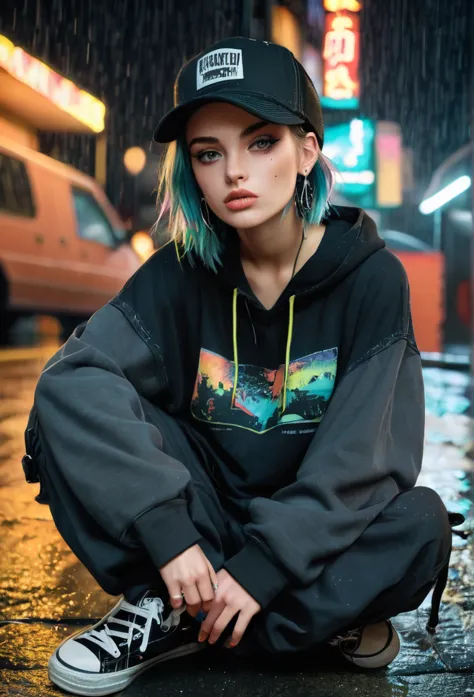 create a blank faded black washed hoodie, retro baggy, 90s, with a trucker hat on, beautiful female thin face, piercings on face...