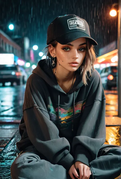 create a blank faded black washed hoodie, retro baggy, 90s, with a trucker hat on, beautiful female thin face, piercings on face...