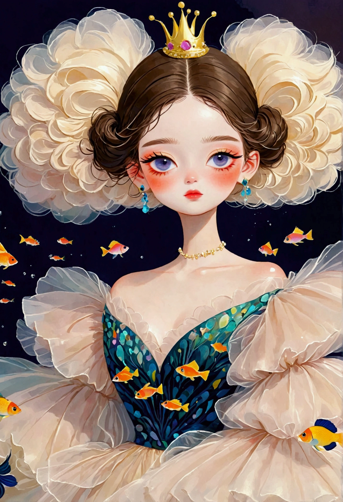 Pastel Art：1 beautiful and elegant girl，Golden crown，(((Puffy Tulle Dress，Exaggerated sleeves，Fluffy，Fluffy白色薄纱)))，(((Colorful fish)))，Dark background，Elegant Numbers艺术, Digital Style, Digital illustration style, Elegant lady, Inspired by Lois Dodd, Inspired by Felix Vallotton (Félix Vallotton), Elegant Numbers, Inspired by Esteban Vicente (Stephen Vincent), 