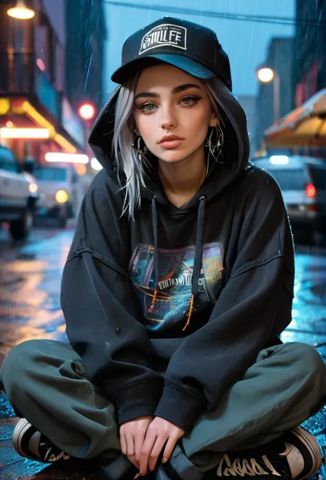 create a blank faded black washed hoodie, retro baggy, 90s, with a trucker hat on, beautiful female thin face, piercings on face...