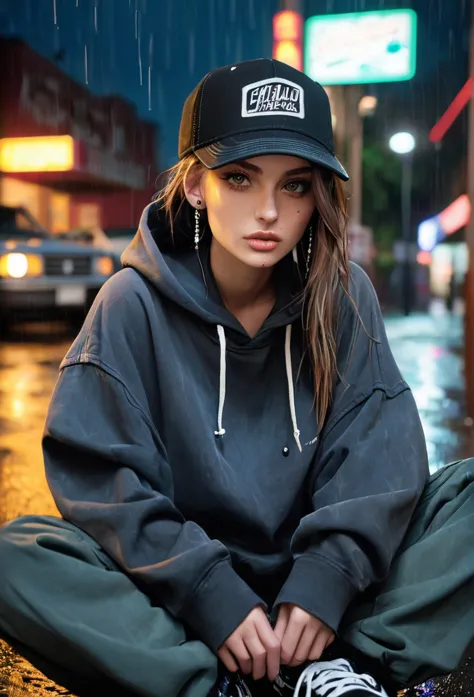 create a blank faded black washed hoodie, retro baggy, 90s, with a trucker hat on, beautiful female thin face, piercings on face...