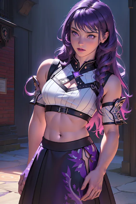 a lavender-skinned girl,long purple hair,confident pose,revealing outfit,detailed midriff,focal point belly button,(best quality...