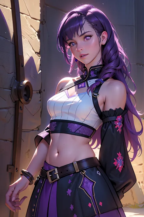 a lavender-skinned girl,long purple hair,confident pose,revealing outfit,detailed midriff,focal point belly button,(best quality...