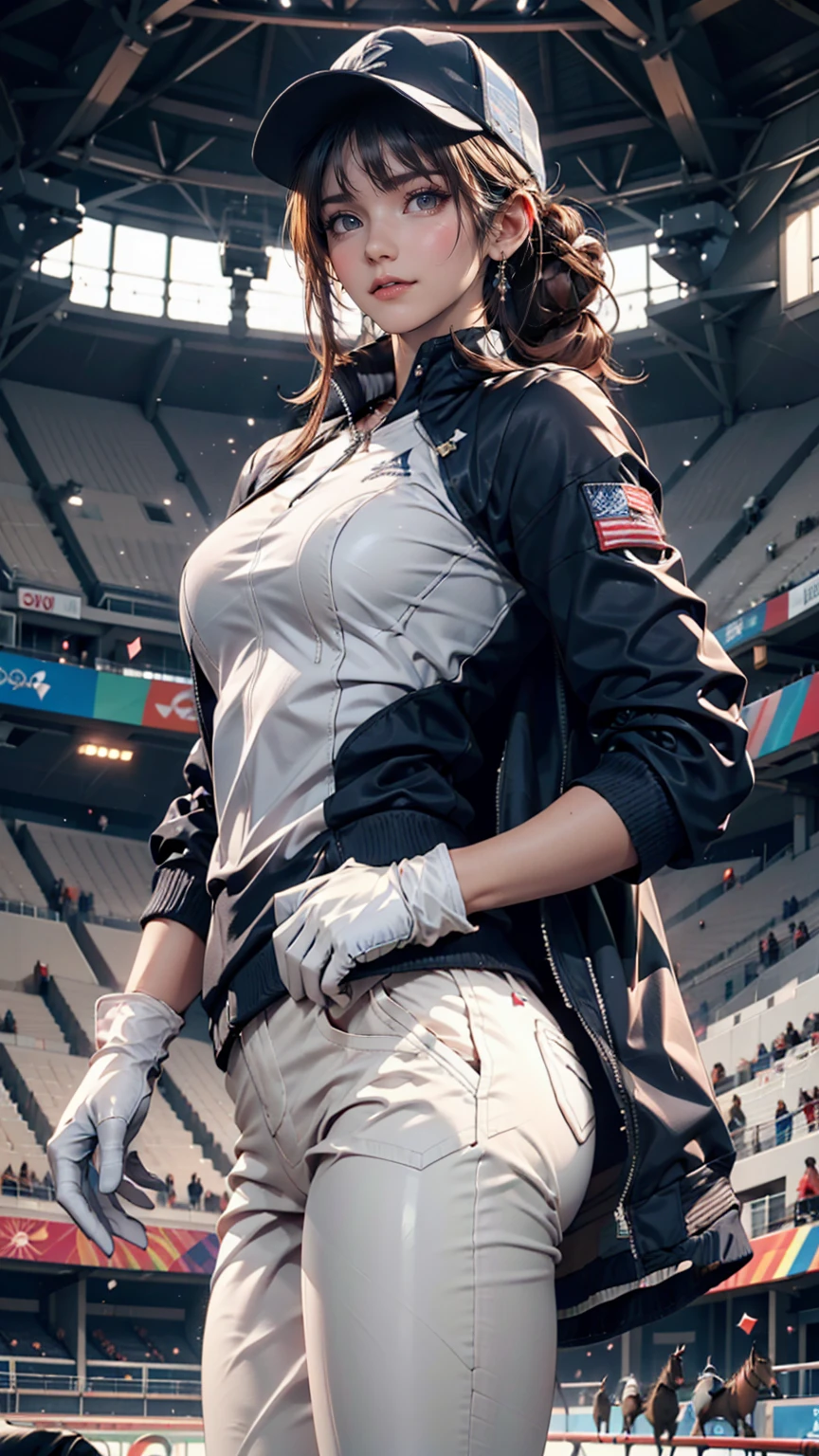 24-year-old woman、equestrian、Dark blue jacket、White culottes、White athletic pants、White gloves、equestrian hat、Hair style: chignon、Equestrian boots、Whip in one hand、Olympic Equestrian Stadium