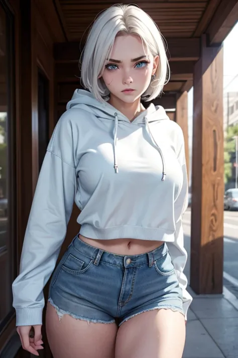 Beautiful girl of 19 years firm body perfect breasts detailed face blushing angry expression lucky hoodie short jeans white hair...