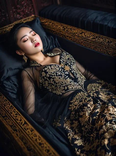 In a striking 8K HDR scene, a stunning Korean woman, 22 years old, lies peacefully in a black coffin surrounded by plush pillows...