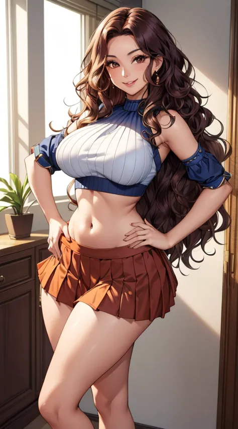 A full-color half-body portrait of the ideal beautiful Hispanic woman (((24 years old, wavy hair, wide hips, big butt, sultry, f...