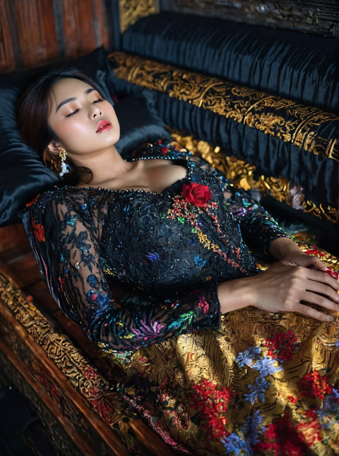 In a striking 8K HDR scene, a stunning Korean woman, 22 years old, lies peacefully in a black coffin surrounded by plush pillows. The deep box is set against a rich black background, accentuating the beauty of the subject. Her exquisite deep-V neckline kebaya attire is embroidered with superb detail, showcasing her round and firm breasts, perfect cleavage, and beautiful eyebrows. Her closed eyes and mouth give an air of serenity, while her visible and absolute cleavage leave nothing to imagination. The scene is bathed in saturated colors, highlighting every intricate aspect from the ball skirt to her clean face, straight body, detailed hand perfect hands, straight body, own hands together, own hand on stomach, detailed hands, perfect hands.