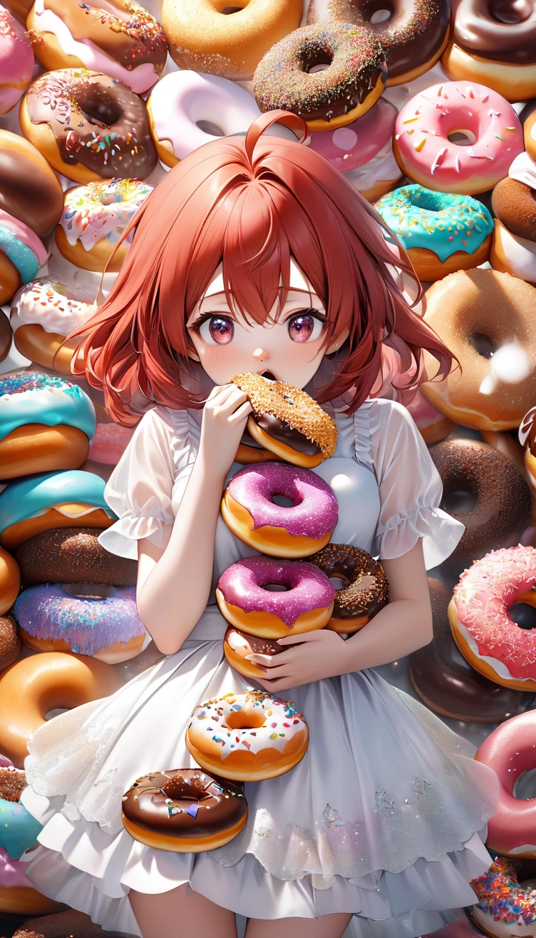 cute girl, red straight hair, ahoge, surrounded by many donuts, stuffing her mouth full of donuts, wearing white dress, (ultra detailed, absolutely resolution, best quality:1.3), 2.5D, delicate and dynamic, hyper realistic, artistic photography, graphic CG digital art, cartoon-style, shading effects, glitter effects, foggy filter effects, background many colorful donuts