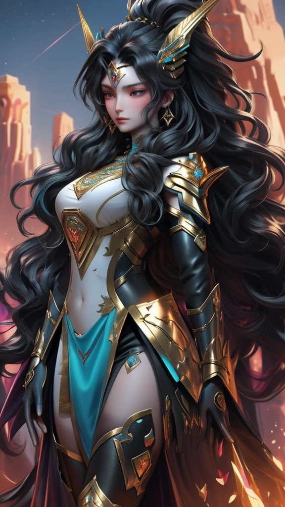 A majestic female warrior stands confidently in a detailed and ornate futuristic armor. Her long, black, wavy hair cascades over her shoulders. The black and cyan futuristic armor finely sculpted with intricate patterns covering her torso, arms, and legs. She wears a golden crown with sharp points, and matching golden earrings. The background features a vibrant orange sky with streaks of light, suggesting a dynamic energy. A futuristic cityscape is visible in the distance, adding to the epic and powerful atmosphere.