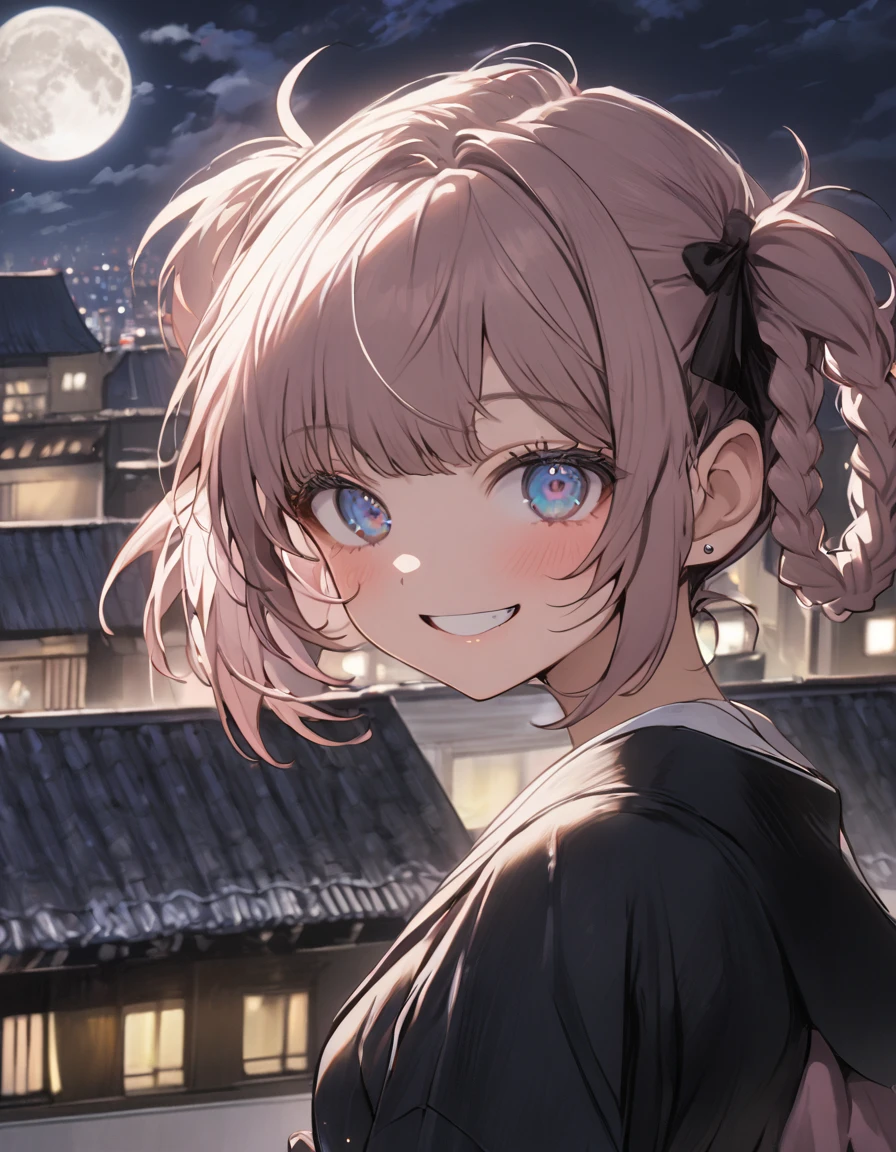 1girl,Nanakusa Nazuna , kawaii girl,Black jersey , Black clothes,short hair ,Smiling , upper body,roof of the building , Night, full Moon, (((high angle)))
