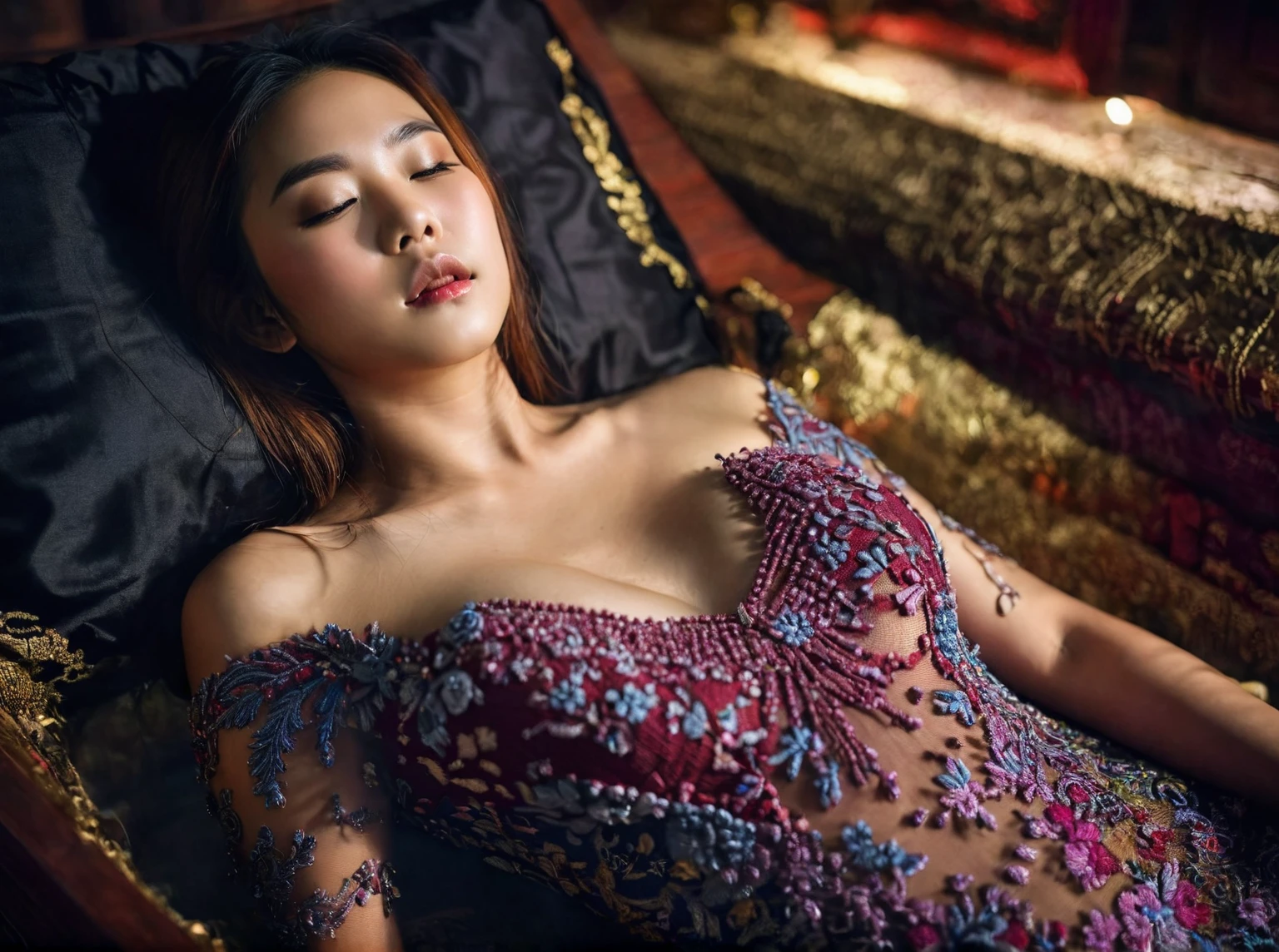 In a striking 8K HDR scene, a stunning Korean woman, 22 years old, lies peacefully in a black coffin surrounded by plush pillows. The deep box is set against a rich black background, accentuating the beauty of the subject. Her exquisite deep-V neckline kebaya attire is embroidered with superb detail, showcasing her round and firm breasts, perfect cleavage, and beautiful eyebrows. Her closed eyes and mouth give an air of serenity, while her visible and absolute cleavage leave nothing to imagination. The scene is bathed in saturated colors, highlighting every intricate aspect from the ball skirt to her clean face, straight body, detailed hand perfect hands, straight body, own hands together, own hand on stomach, detailed hands, perfect hands.