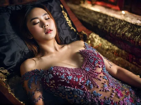 In a striking 8K HDR scene, a stunning Korean woman, 22 years old, lies peacefully in a black coffin surrounded by plush pillows...