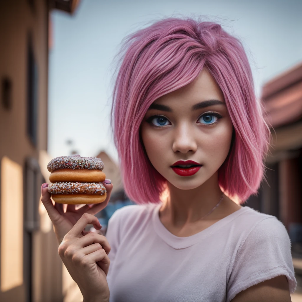 a girl eating a pink frosted donut, detailed facial features, bright blue eyes, long eyelashes, full red lips, cute expression, messy pink hair, soft lighting, delicate pastel colors, (best quality,4k,8k,highres,masterpiece:1.2),ultra-detailed,(realistic,photorealistic,photo-realistic:1.37),intricate details,warm color tones,natural lighting,vibrant colors,soft focus,highly detailed,cinematic lighting