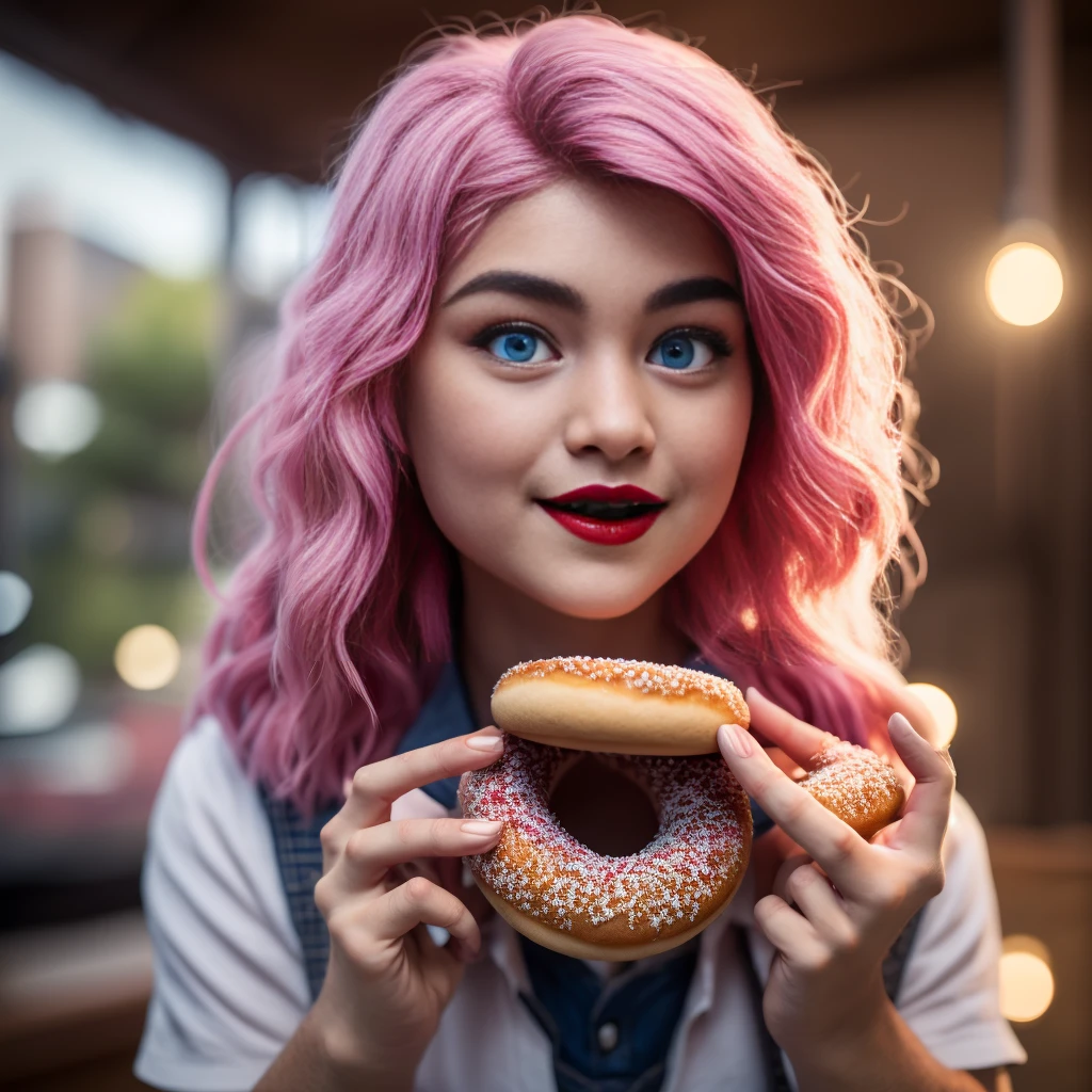 una niña comiendo una dona rosada, rasgos faciales detallados, ojos azules brillantes, Pestañas largas, labios rojos llenos, linda expresión, cabello rosa desordenado, iluminación suave, delicados colores pastel, (mejor calidad,4k,8K,alta resolución,obra maestra:1.2),ultra detallado,(Realista,photoRealista,photo-Realista:1.37),detalles intrincados,tonos de colores cálidos,iluminación natural,Colores vibrantes,enfoque suave,muy detallado,iluminación cinematográfica