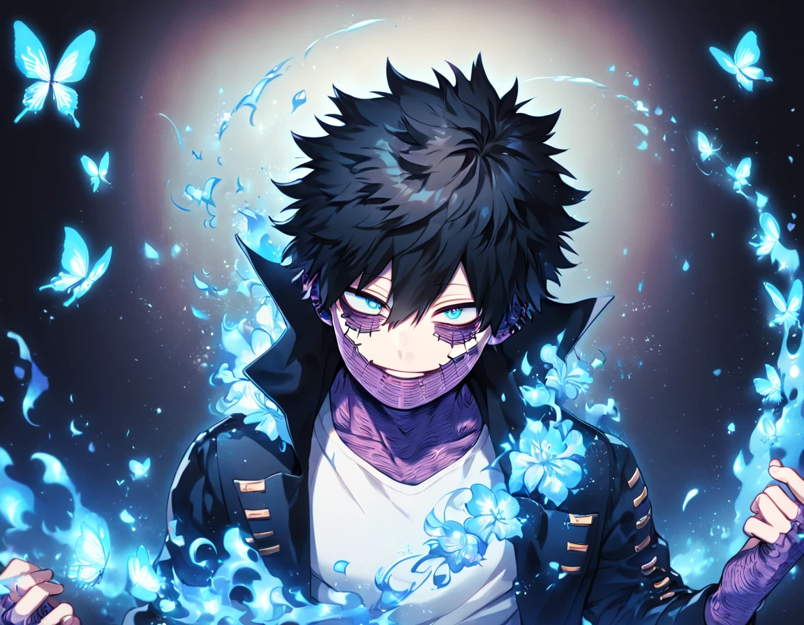 absurdres, highres, ultra detailed, HDR, master piece, best quality, extremely detailed face, delicated features, Dabi, black hair, expressive turquoise eyes, Boku No Hero Academia, solo, sexy man, handsome, black coat, white T-shirt, fantasy, magical, blue fire butterflies, fire flowers, blue fire, blue flames, blue flames in the background