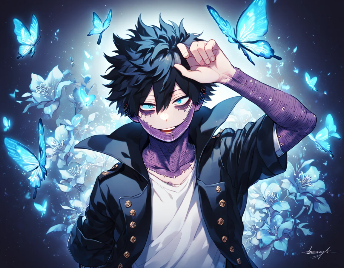 absurdres, highres, ultra detailed, HDR, master piece, best quality, extremely detailed face, delicated features, Dabi, black hair, expressive turquoise eyes, Boku No Hero Academia, solo, sexy man, handsome, black coat, white T-shirt, fantasy, magical, blue fire butterflies, fire flowers, blue fire, blue flames, blue flames in the background