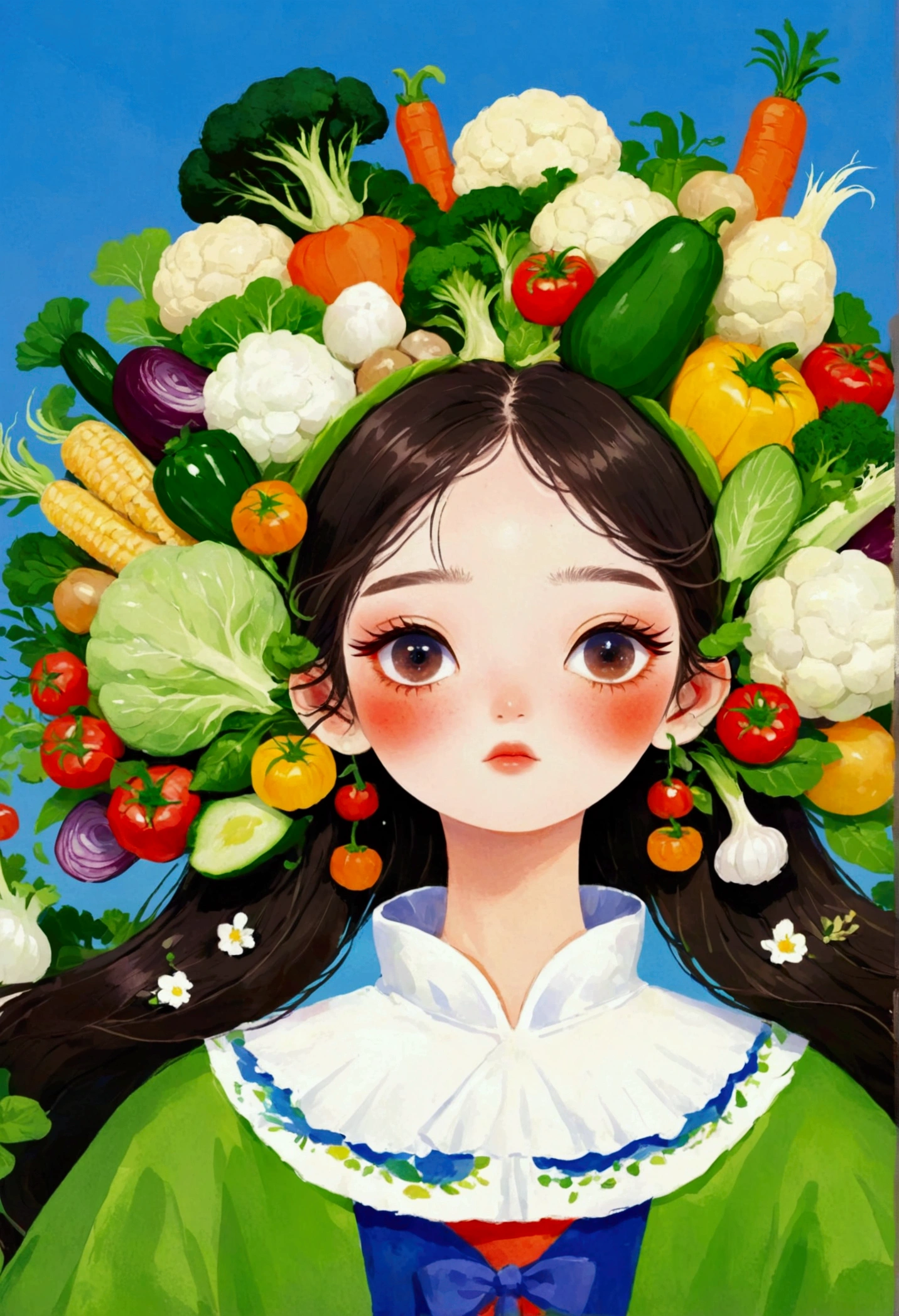 There is a girl with a bunch of vegetables on her head, Amazing food illustrations, author Kim Hwan-gi, author Tan Ting-pho, Li Song, author：Toth Wu, author Kim Jeong-hui, Cute illustrations, author Ryan Yee, author：Kim Eung-hwan, author Jang Seung-eop, author：Naohisa Inoue, Ni Duan