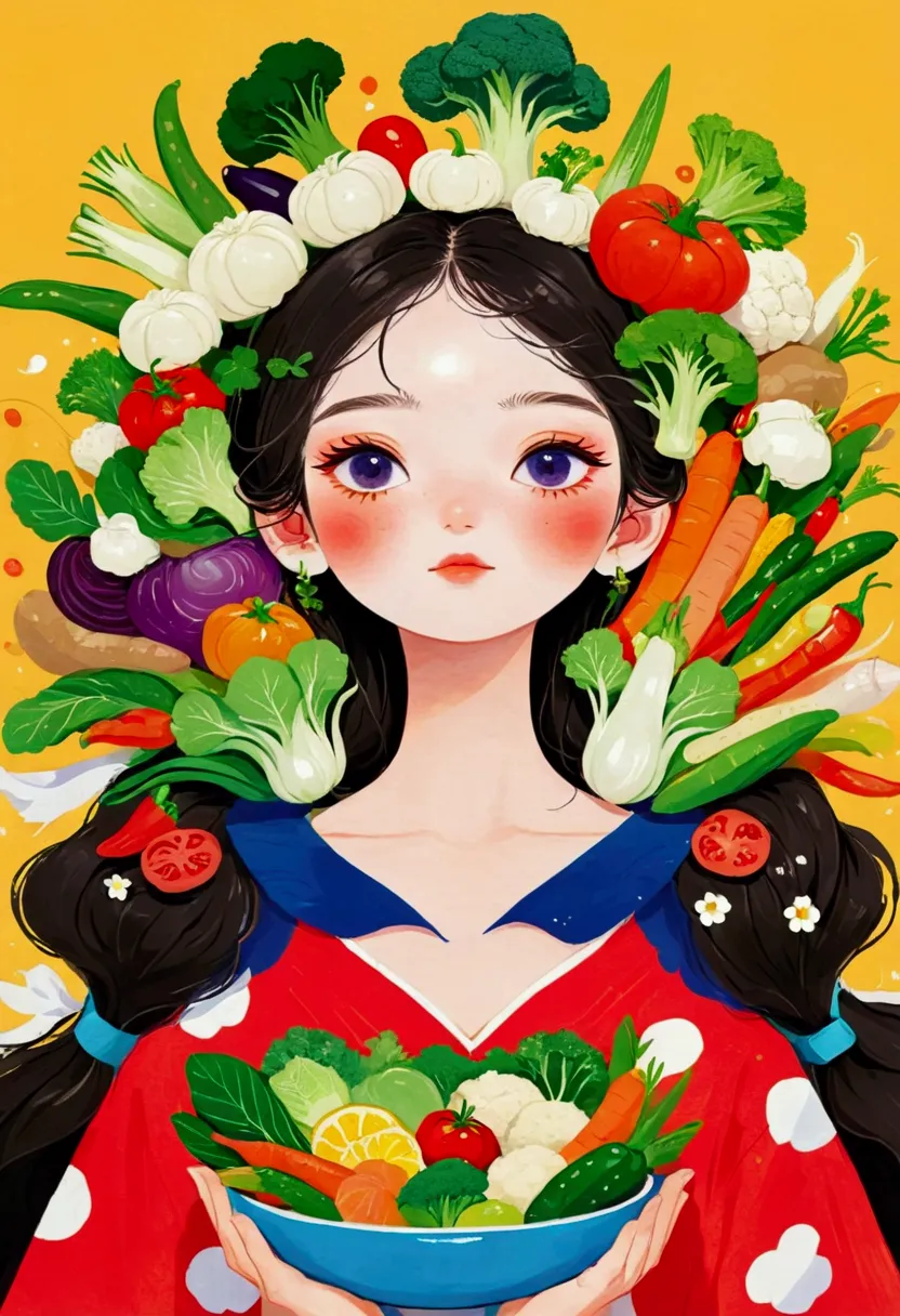 there is a girl with a bunch of vegetables on her head, amazing food illustrations, author kim hwan-gi, author tan ting-pho, li ...