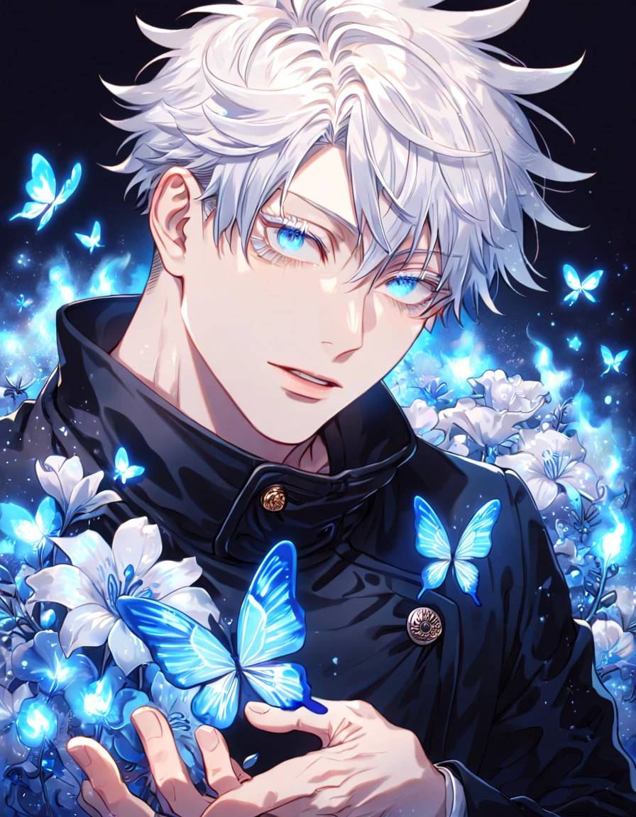 absurdres, highres, ultra detailed, HDR, master piece, best quality, extremely detailed face, delicated features, Gojou Satoru, white hair, expressive blue eyes, white eyelashes, Jujutsu Kaisen, solo, sexy man, handsome, black coat, fantasy, magical, blue fire butterflies, fire flowers, blue fire, blue flames, blue shining moon, blue flames in the background