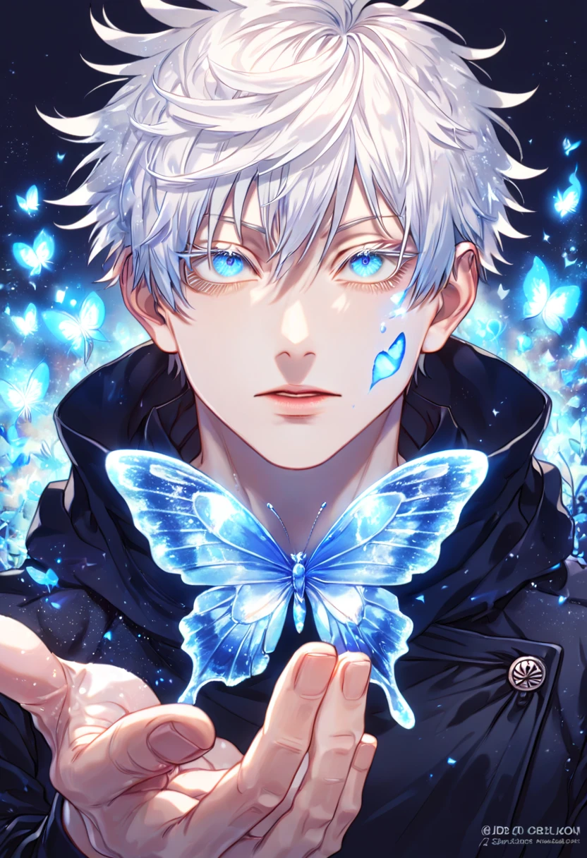 absurdres, highres, ultra detailed, HDR, master piece, best quality, extremely detailed face, delicated features, Gojou Satoru, white hair, expressive blue eyes, white eyelashes, Jujutsu Kaisen, solo, sexy man, handsome, black coat, fantasy, magical, blue fire butterflies, fire flowers, blue fire, blue flames, blue shining moon, blue flames in the background