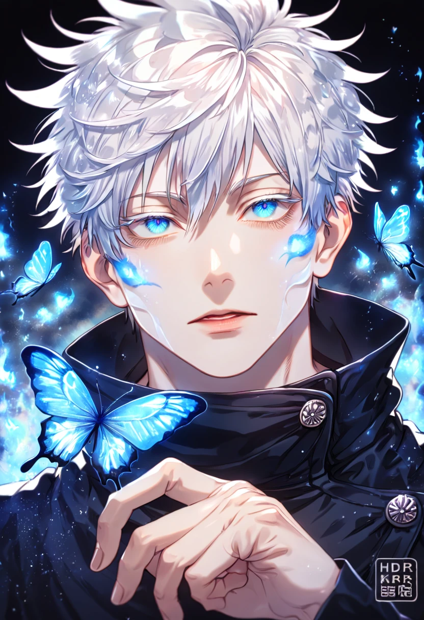 absurdres, highres, ultra detailed, HDR, master piece, best quality, extremely detailed face, delicated features, Gojou Satoru, white hair, expressive blue eyes, white eyelashes, Jujutsu Kaisen, solo, sexy man, handsome, black coat, fantasy, magical, blue fire butterflies, fire flowers, blue fire, blue flames, blue shining moon, blue flames in the background