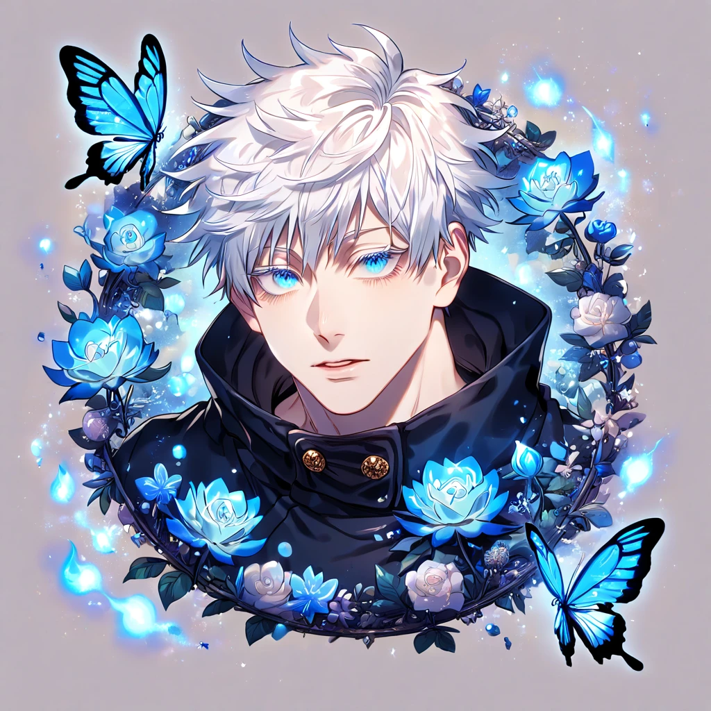 absurdres, highres, ultra detailed, HDR, master piece, best quality, extremely detailed face, delicated features, Gojou Satoru, white hair, expressive blue eyes, white eyelashes, Jujutsu Kaisen, solo, sexy man, handsome, black coat, fantasy, magical, blue fire butterflies, fire flowers, blue fire, blue flames, blue shining moon, blue flames in the background