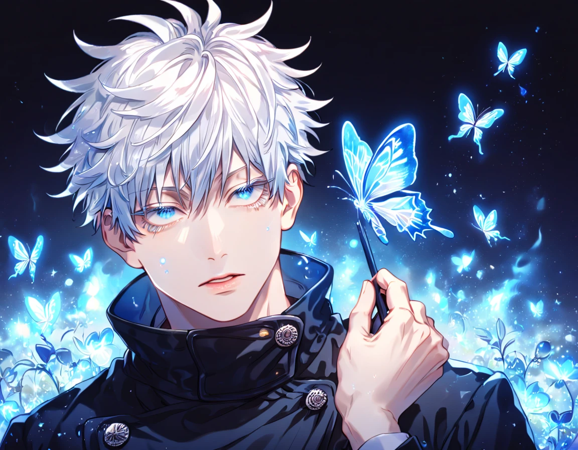 absurdres, highres, ultra detailed, HDR, master piece, best quality, extremely detailed face, delicated features, Gojou Satoru, white hair, expressive blue eyes, white eyelashes, Jujutsu Kaisen, solo, sexy man, handsome, black coat, fantasy, magical, blue fire butterflies, fire flowers, blue fire, blue flames, blue shining moon, blue flames in the background