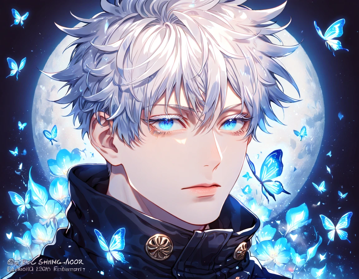 absurdres, highres, ultra detailed, HDR, master piece, best quality, extremely detailed face, delicated features, Gojou Satoru, white hair, expressive blue eyes, white eyelashes, Jujutsu Kaisen, solo, sexy man, handsome, black coat, fantasy, magical, blue fire butterflies, fire flowers, blue fire, blue flames, blue shining moon, blue flames in the background