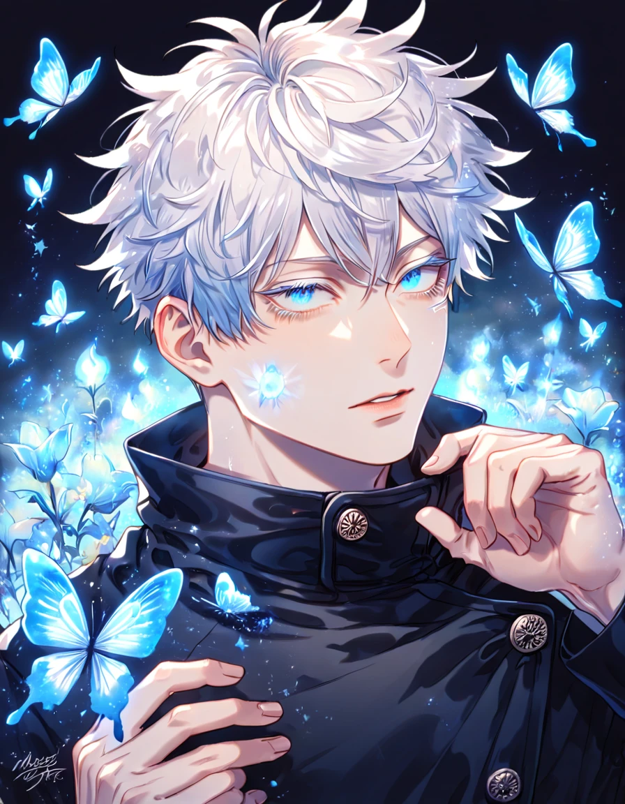 absurdres, highres, ultra detailed, HDR, master piece, best quality, extremely detailed face, delicated features, Gojou Satoru, white hair, expressive blue eyes, white eyelashes, Jujutsu Kaisen, solo, sexy man, handsome, black coat, fantasy, magical, blue fire butterflies, fire flowers, blue fire, blue flames, blue shining moon, blue flames in the background