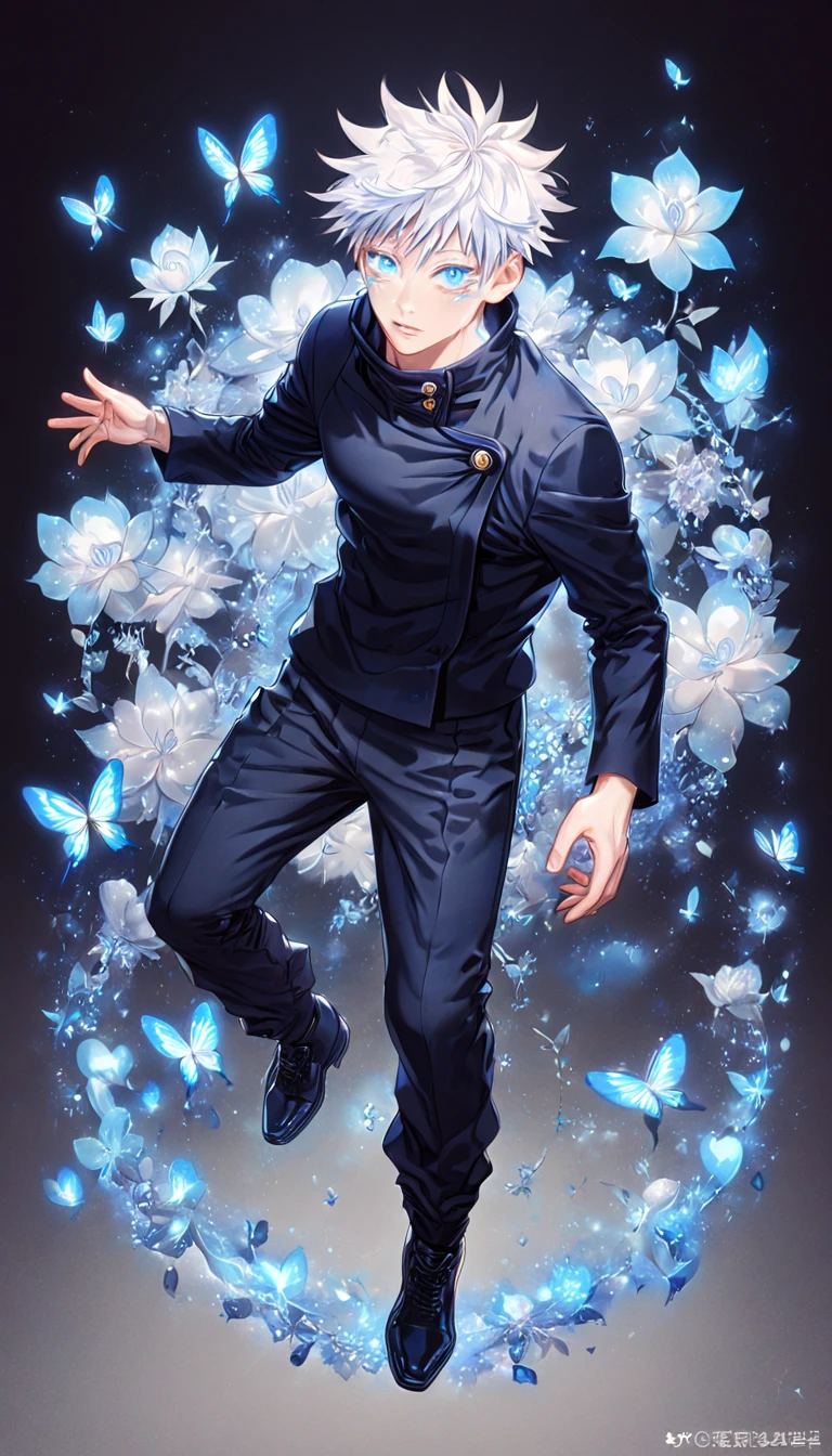 absurdres, highres, ultra detailed, HDR, master piece, best quality, extremely detailed face, delicated features, Gojou Satoru, white hair, expressive blue eyes, white eyelashes, Jujutsu Kaisen, solo, sexy man, handsome, Jujutsu black uniform, black pants, black shoes, full body, fantasy, magical, blue fire butterflies, fire flowers, blue fire, blue flames, blue shining moon, blue flames in the background