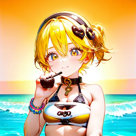 Donut bracelets, donut collars, donut bikinis, a cute, short blonde girl eating a chocolate donut,