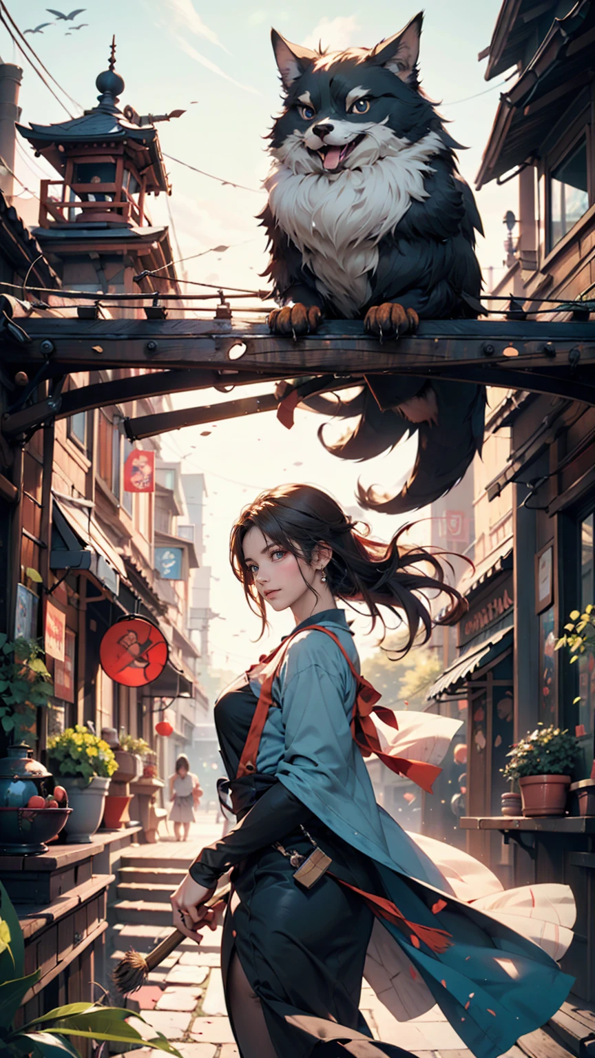 A bridge connecting the world, grow, close, detailed, Sharp focus, elegant, 非常にdetailedな, figure, Complex, beautiful, Trending Art Station, Pixiv, Digital Art, by Jordan Grimmer and greg rutkowski, Wow, Studio Ghibli,Kiki&#39;s Delivery Service、Kiki、Black dress、barefoot、Riding a magic broom、fly in the sky