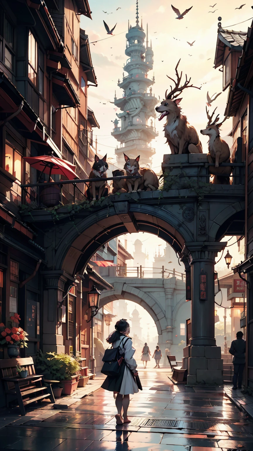 A bridge connecting the world, grow, close, detailed, Sharp focus, elegant, 非常にdetailedな, figure, Complex, beautiful, Trending Art Station, Pixiv, Digital Art, by Jordan Grimmer and greg rutkowski, Wow, Studio Ghibli,Kiki&#39;s Delivery Service、Kiki、Black dress、barefoot、Riding a magic broom、fly in the sky