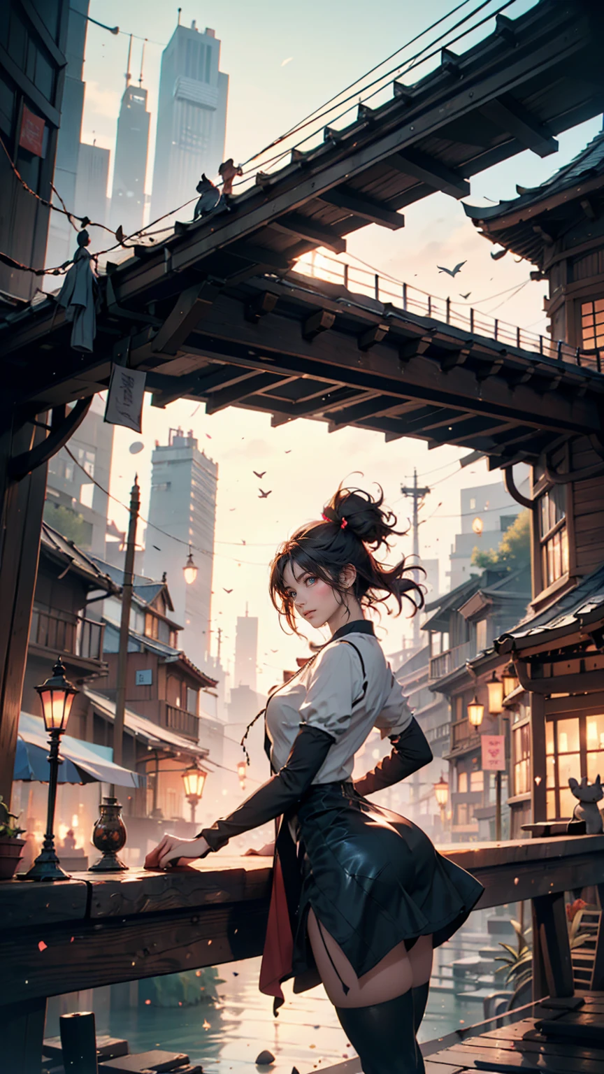 A bridge connecting the world, grow, close, detailed, Sharp focus, elegant, 非常にdetailedな, figure, Complex, beautiful, Trending Art Station, Pixiv, Digital Art, by Jordan Grimmer and greg rutkowski, Wow, Studio Ghibli,Kiki&#39;s Delivery Service、Kiki、Black dress、barefoot、Riding a magic broom、fly in the sky