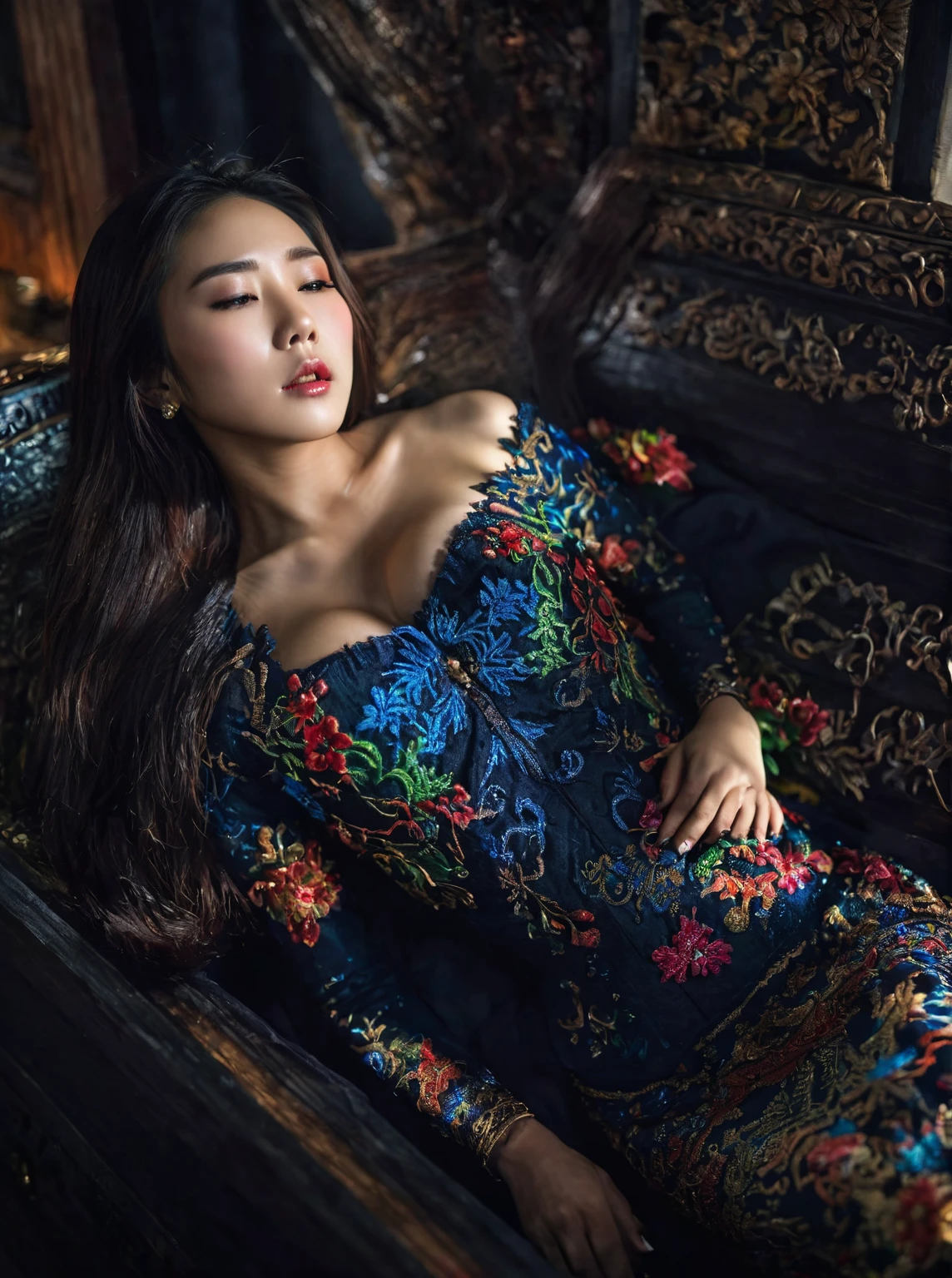 In a striking 8K HDR scene, a stunning Korean woman, 22 years old, lies peacefully in a black coffin surrounded by plush pillows. The deep box is set against a rich black background, accentuating the beauty of the subject. Her exquisite deep-V neckline kebaya attire is embroidered with superb detail, showcasing her round and firm breasts, perfect cleavage, and beautiful eyebrows. Her closed eyes and mouth give an air of serenity, while her visible and absolute cleavage leave nothing to imagination. The scene is bathed in saturated colors, highlighting every intricate aspect from the ball skirt to her clean face, straight body, detailed hand perfect hands, straight body, own hands together, own hand on stomach, detailed hands, perfect hands.