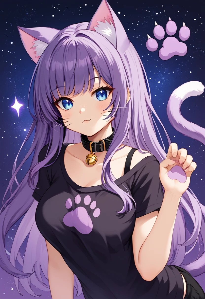 1girl, Blue eyes, Long Hair, Bangs, Purple Hair, Breasts, black collar, cat ears, purple cat tail, black clothes, paw prints, whiskers, starry background 