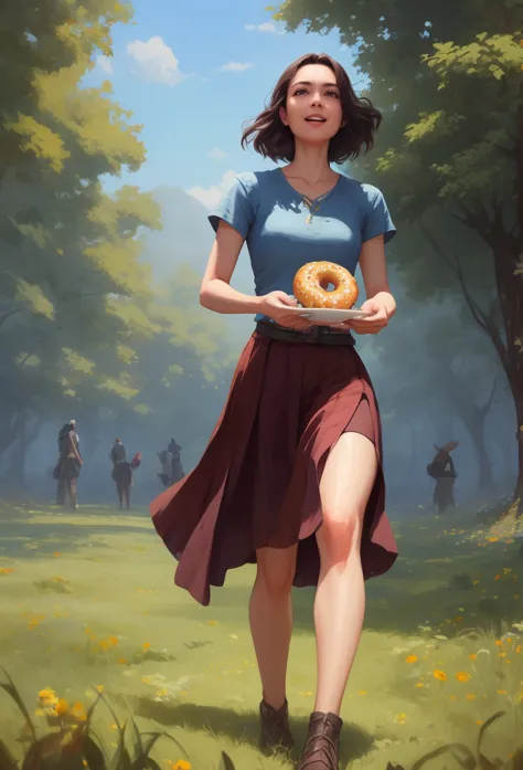 eating donutos in a vast green meadow, 4 k digital illustration by artgerm, wlop, james jean, andrei riabovitchev, marc simonett...