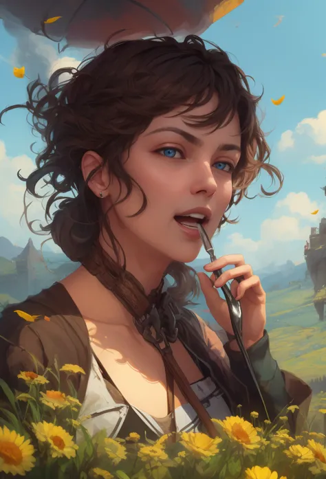 eating donutos in a vast green meadow, 4 k digital illustration by artgerm, wlop, james jean, andrei riabovitchev, marc simonett...