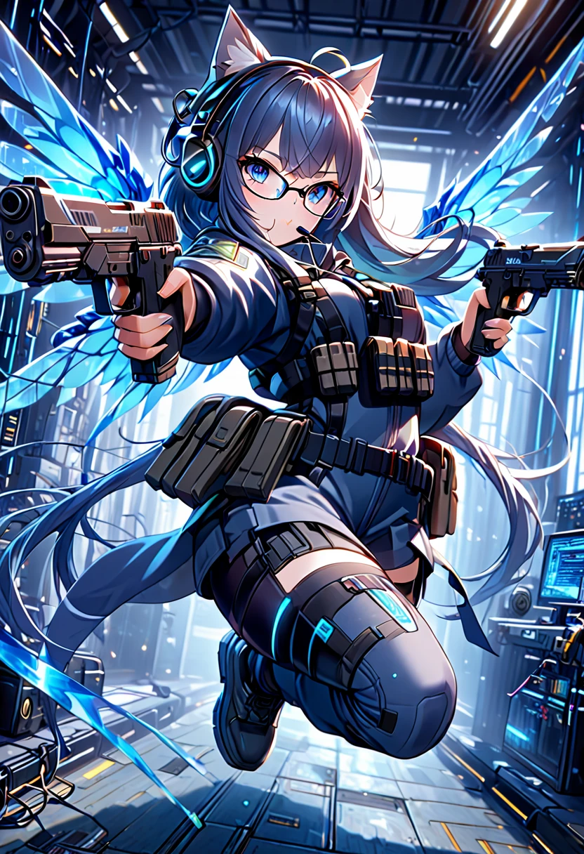 8K Ultra High-Quality, ultra-detailed, High quality, 8K Ultra High-Quality, ultra-detailed, High quality, Dark Blue hair, Long hair, Headset, cat girl, Glasses, blue tactical clothes, blue cyber wings, holding dual pistols, flying position, full body