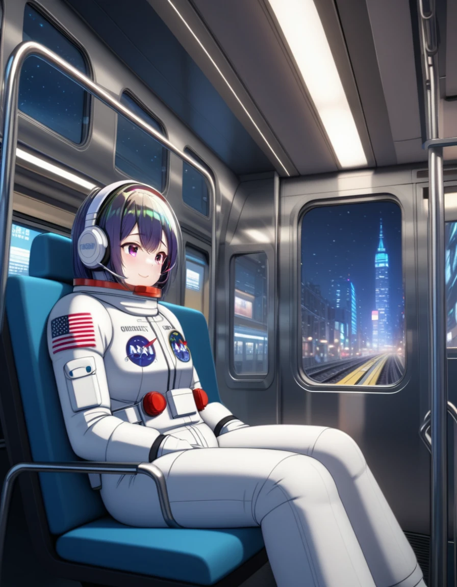 space helmet, (cinematic scene, sitting on a chair, train interior, , city view, night view: 1.5), space helmet, eva helmet, space suit, astronaut), smile bubble helmet, very detailed, speed helmet, bubble helmet, ,upper body, astronaut),eva helm, spacesuit , astronaut),girl, wearing a (spacesuit:1.15), white cargo pants, (headsets:1.5)
