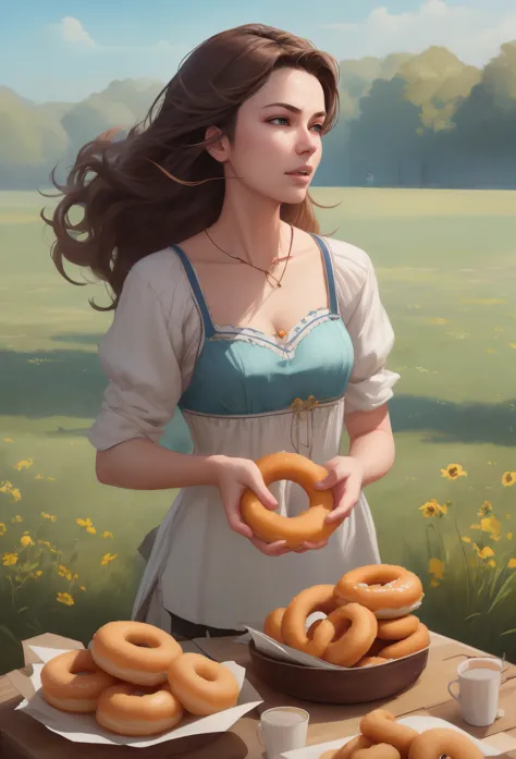 eating donutos in a vast green meadow, 4 k digital illustration by artgerm, wlop, james jean, andrei riabovitchev, marc simonett...