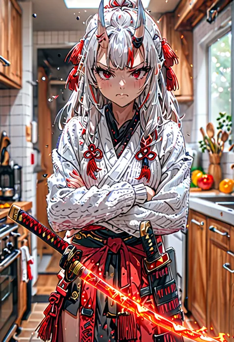 8k ultra high-quality, ultra-detailed, high quality, nakiri ayame, white oni horns, sheathed katana, white sweater, arm's crosse...