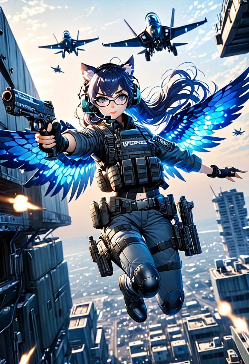 8K Ultra High-Quality, ultra-detailed, High quality, 8K Ultra High-Quality, ultra-detailed, High quality, Dark Blue hair, Long hair, Headset, cat girl, Glasses, blue tactical clothes, blue cyber wings, holding dual pistols, flying, flying position, sky, fighter jets in the background, full body