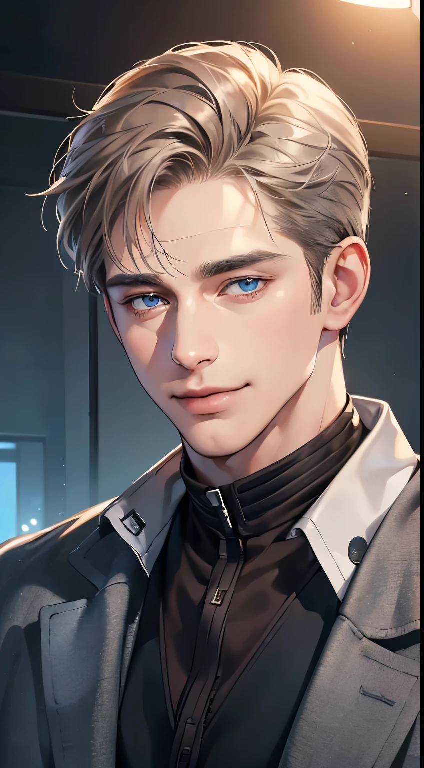 (best quality, masterpiece, 8K, photorealistic, cinematic lighting, 1:4 hdr image, ultra detailed, beautiful image), a mature man, 34 years very handsome, ((cold expression smile in love)), short gray brown hair, blue eyes, face perfect without mistakes, ((buttoning his jacket, CEO))