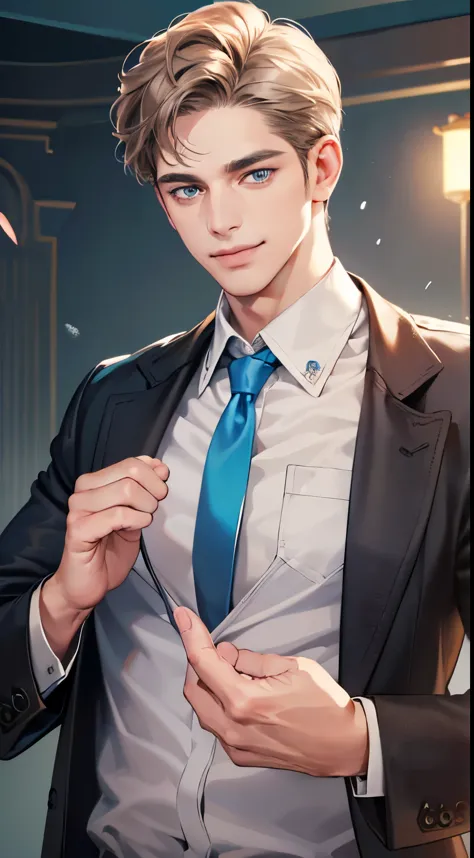 (best quality, masterpiece, 8K, photorealistic, cinematic lighting, 1:4 hdr image, ultra detailed, beautiful image), a mature man, 34 years very handsome, ((cold expression smile in love)), short gray brown hair, blue eyes, face perfect without mistakes, ((buttoning his jacket, CEO))